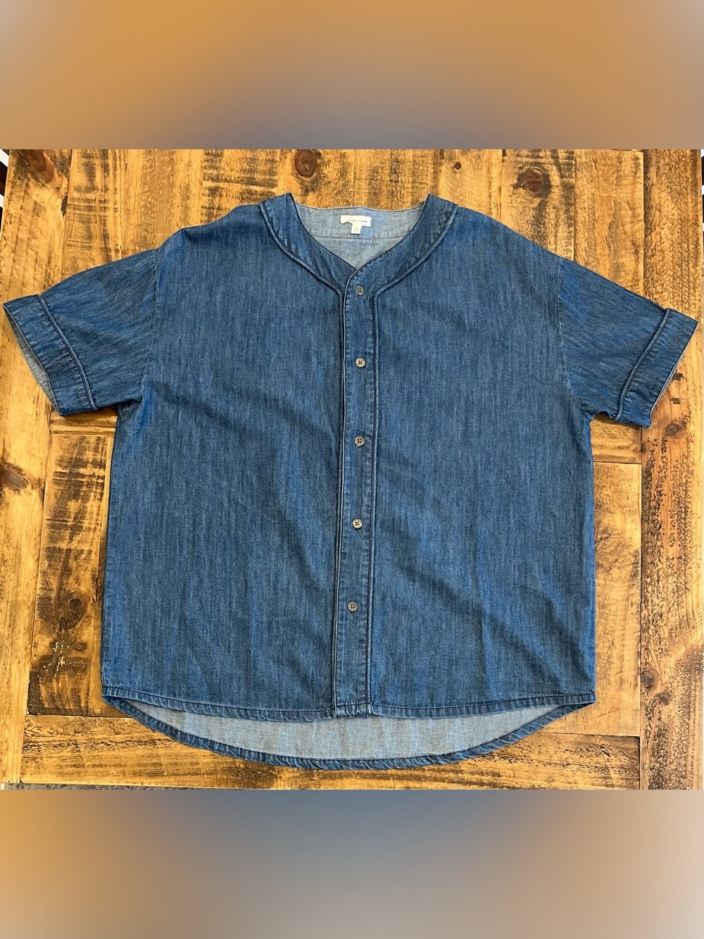 silence + noise Short-Sleeve Denim Baseball Jersey Button-Down Shirt Oversized